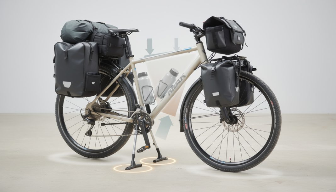 découvrez comment les béquilles doubles et centrales assurent la stabilité de votre vélo chargé grâce à une explication claire du rôle du centre de gravité.