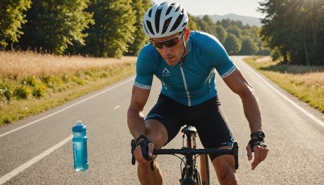 Cycliste s hydratant et prenant une collation énergétique lors d une sortie route