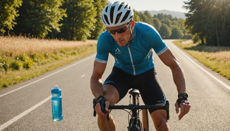 Cycliste s hydratant et prenant une collation énergétique lors d une sortie route