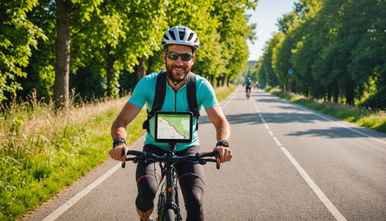 Cycliste débutant consultant une application GPS vélo sur un smartphone fixé au guidon