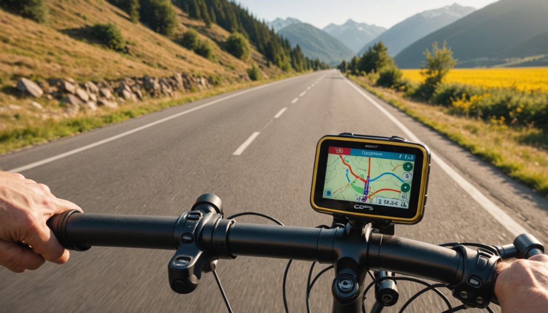 Compteur GPS vélo monté sur un cintre de vélo de route au coucher du soleil