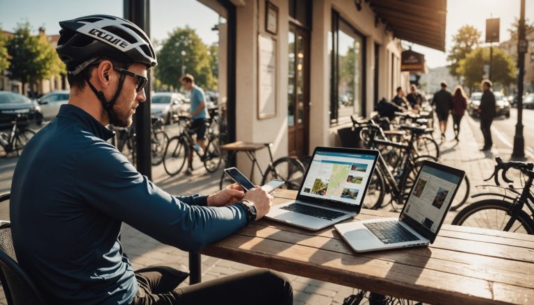 Cycliste consultant les résultats du cyclisme sur smartphone en terrasse