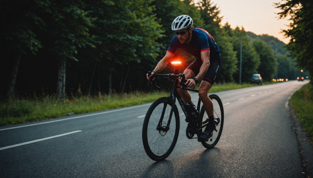 Cycliste de nuit avec un éclairage vélo puissant à l'avant et un feu arrière rouge