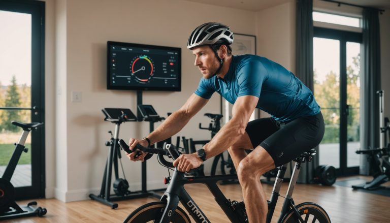 Cycliste sur home trainer connecté avec compteur de puissance affichant les watts