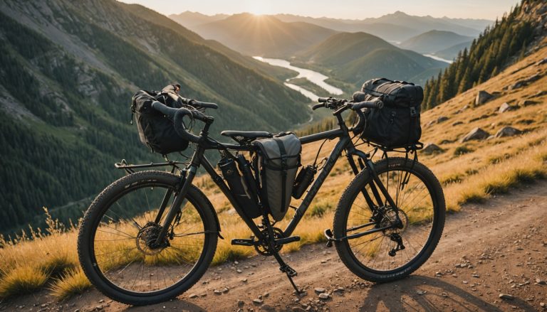 Sacoches de bikepacking fixées sur guidon, cadre et selle d'un vélo gravel