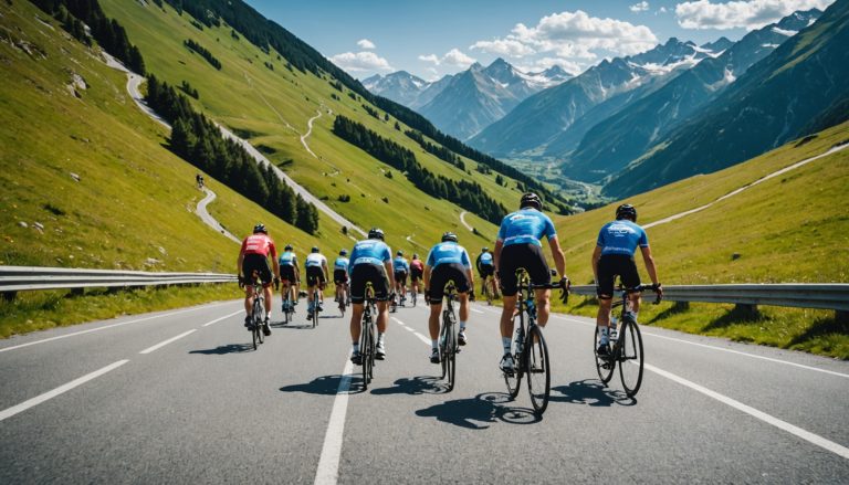 Cyclistes en pleine ascension d'un col de montagne lors d'une cyclosportive française