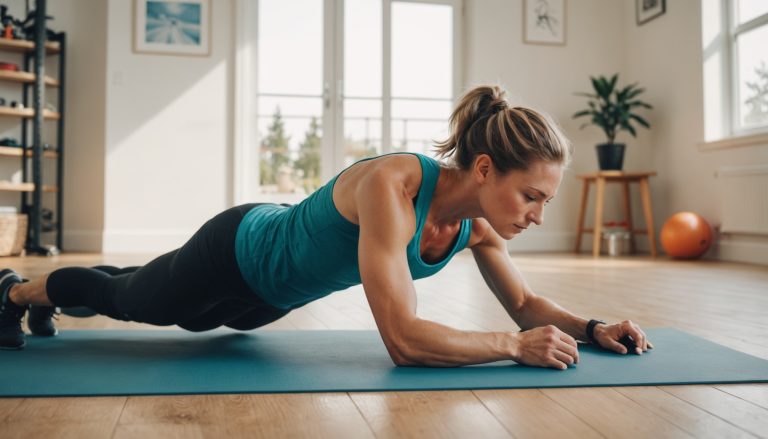 Cycliste réalisant un exercice de gainage en planche pour se renforcer hors du vélo
