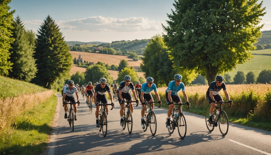 Cyclistes en groupe sur une route de campagne française, esprit club et communauté