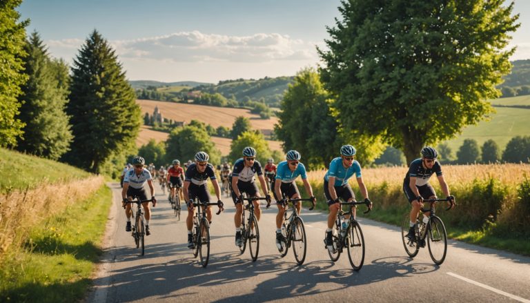 Cyclistes en groupe sur une route de campagne française, esprit club et communauté