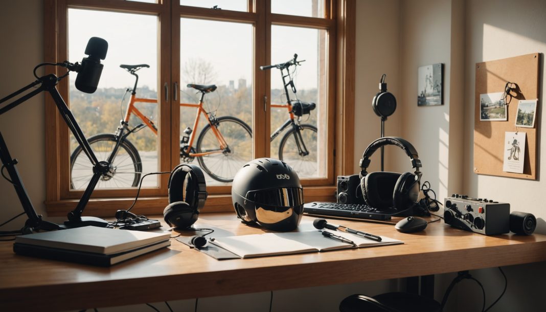 Bureau de podcast cyclisme avec casque de vélo, microphone et accessoires