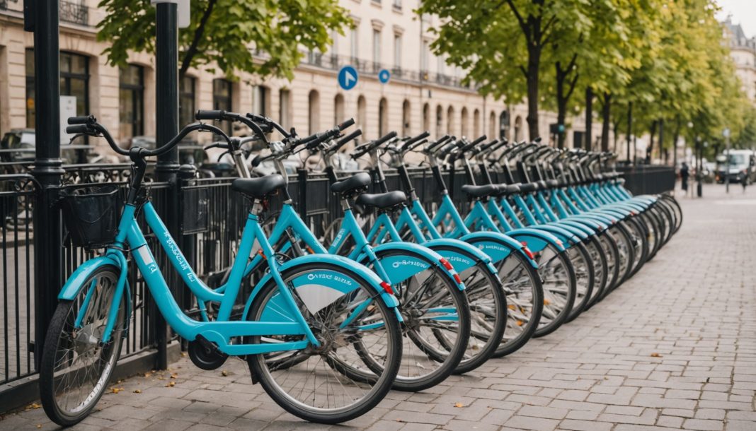 Rangée de vélos en libre-service garés à une station urbaine en France