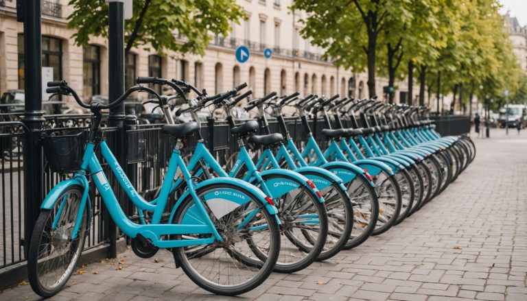Rangée de vélos en libre-service garés à une station urbaine en France