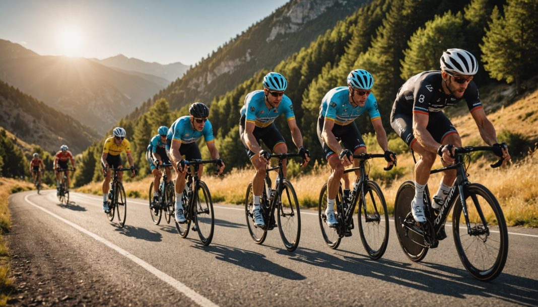 Peloton de cyclistes professionnels en pleine course de montagne, illustration actualité et résultats cyclisme