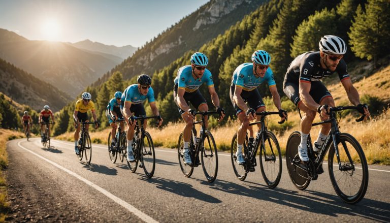 Peloton de cyclistes professionnels en pleine course de montagne, illustration actualité et résultats cyclisme