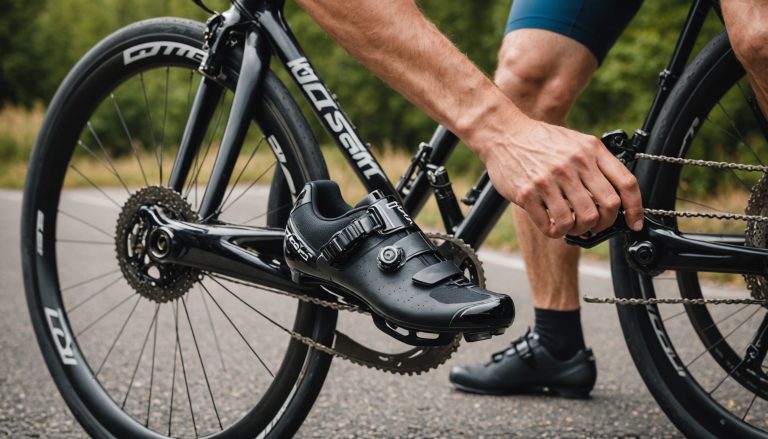 Cycliste clipsant sa chaussure dans une pédale automatique de vélo de route