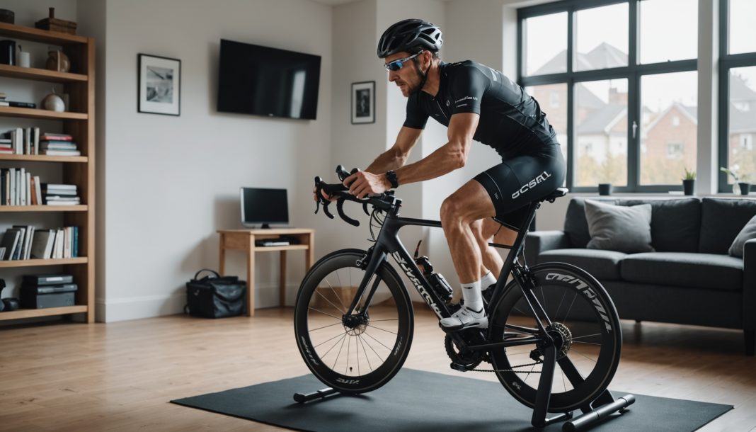 Cycliste s'entraînant sur home trainer avec suivi de puissance pour un plan d'entraînement structuré