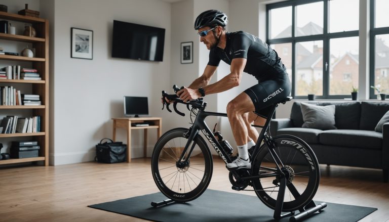 Cycliste s'entraînant sur home trainer avec suivi de puissance pour un plan d'entraînement structuré
