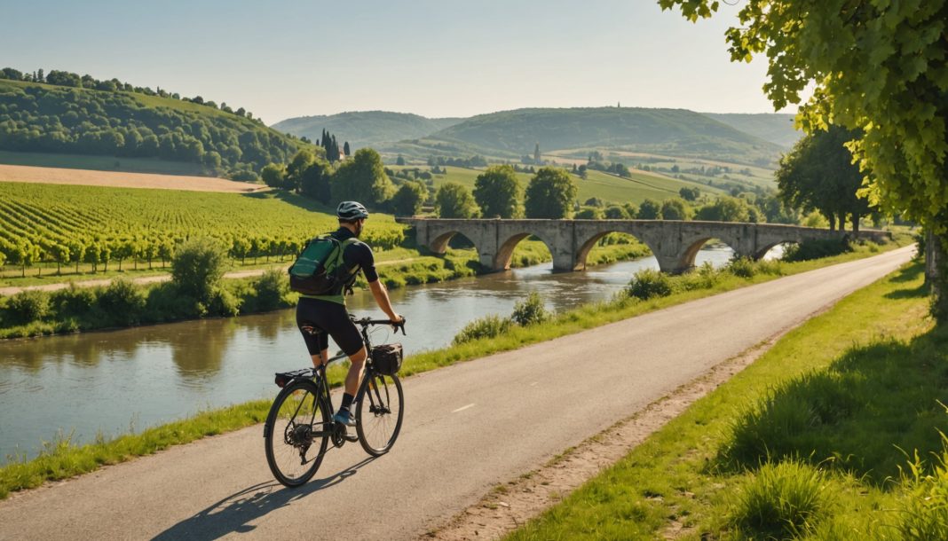 Cycliste équipé de sacoches sur une véloroute au bord d'une rivière en France