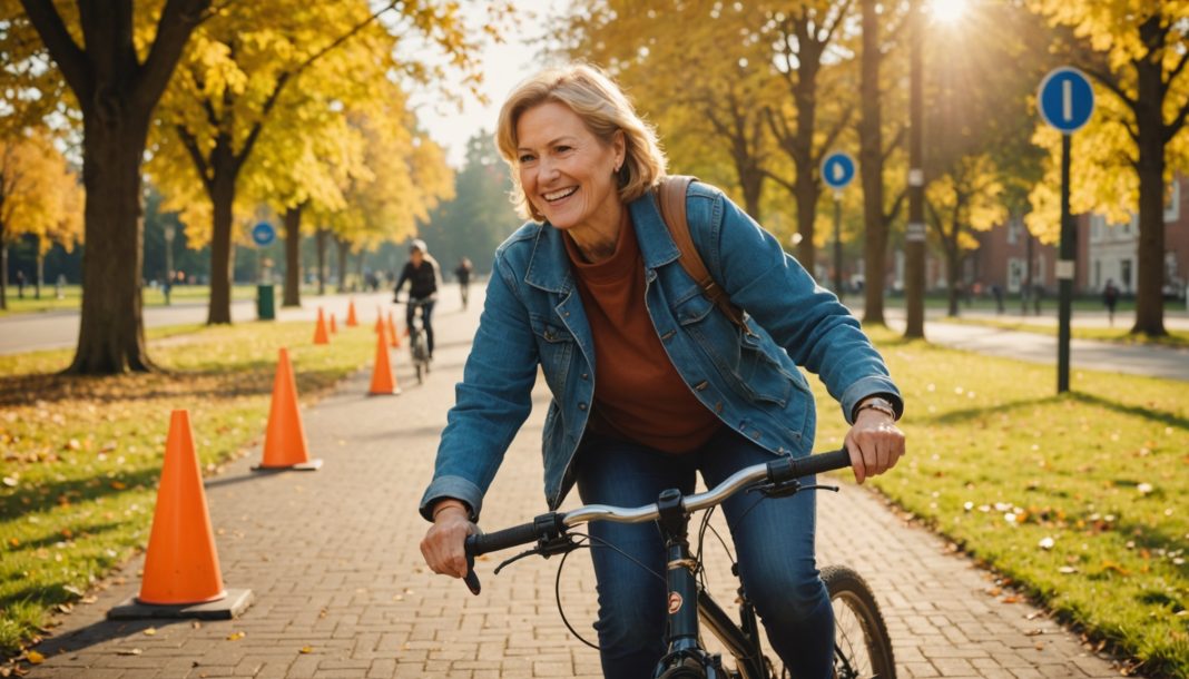 Adulte apprenant à faire du vélo accompagné d'un moniteur bénévole dans un parc