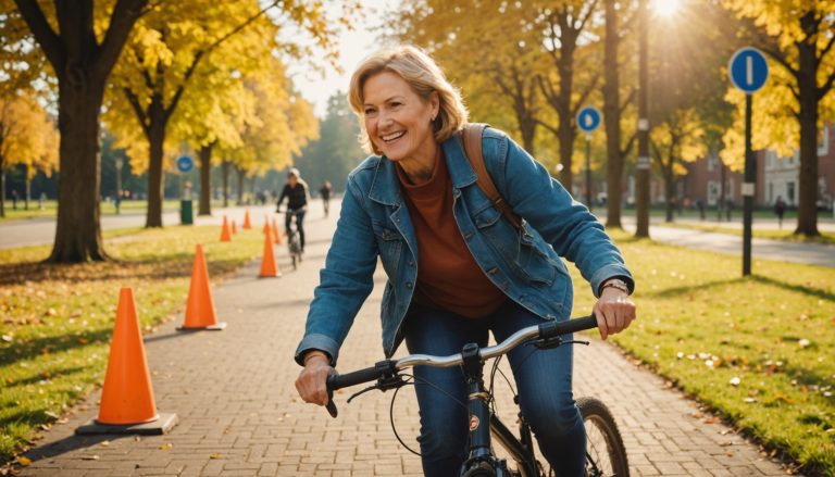 Adulte apprenant à faire du vélo accompagné d'un moniteur bénévole dans un parc