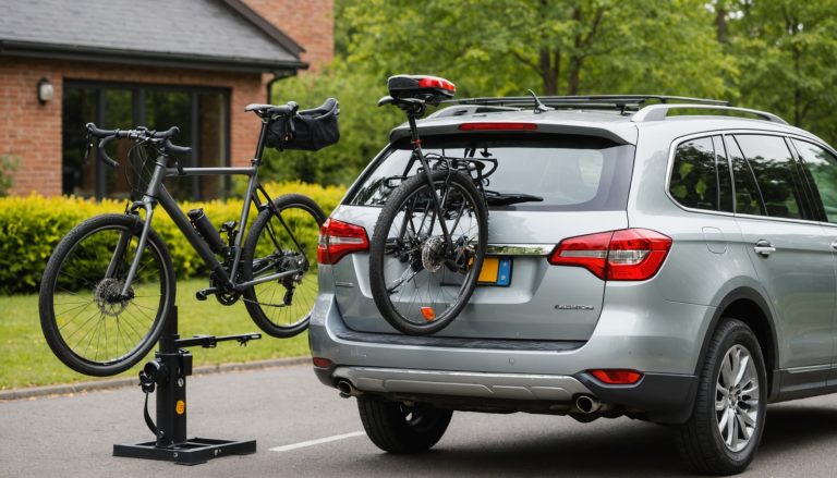 Voiture équipée d'un porte-vélo sur attelage transportant deux vélos
