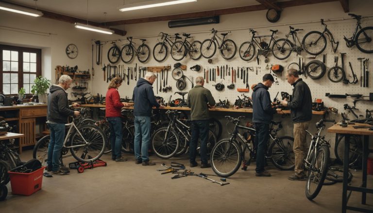 Cyclistes réparant ensemble des vélos dans un atelier participatif