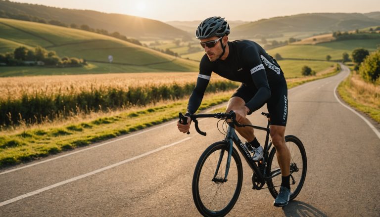Cycliste s'échauffant en extérieur avant une sortie à vélo sur une route de campagne