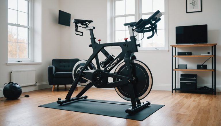 Vélo de route monté sur un home trainer connecté à transmission directe dans une salle lumineuse