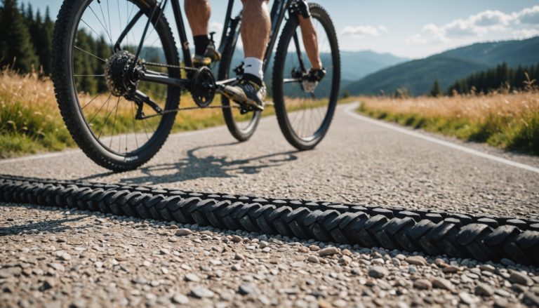 Pneus de vélo route, gravel et VTT côte à côte, comparatif des profils et crampons