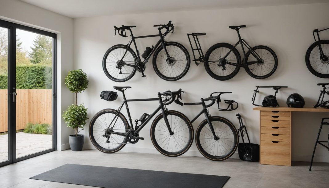 Vélo de route suspendu à un support mural dans un garage rangé