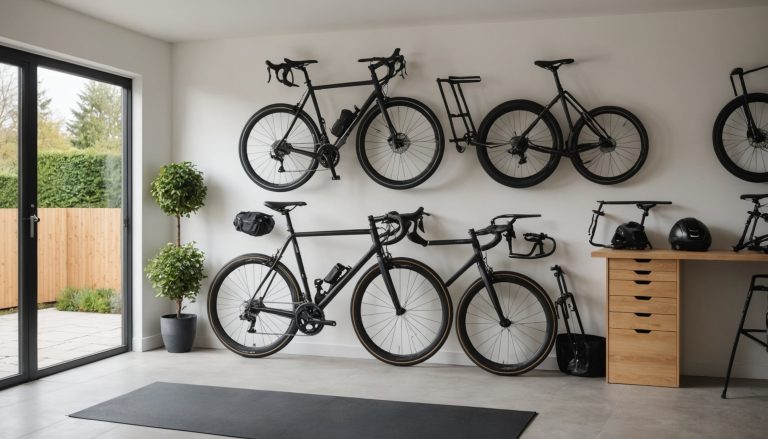 Vélo de route suspendu à un support mural dans un garage rangé