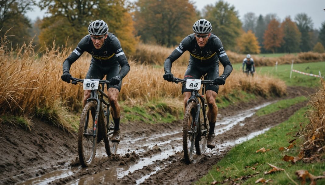 Cycliste en pleine course de cyclo-cross sur un parcours boueux