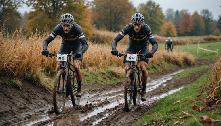 Cycliste en pleine course de cyclo-cross sur un parcours boueux