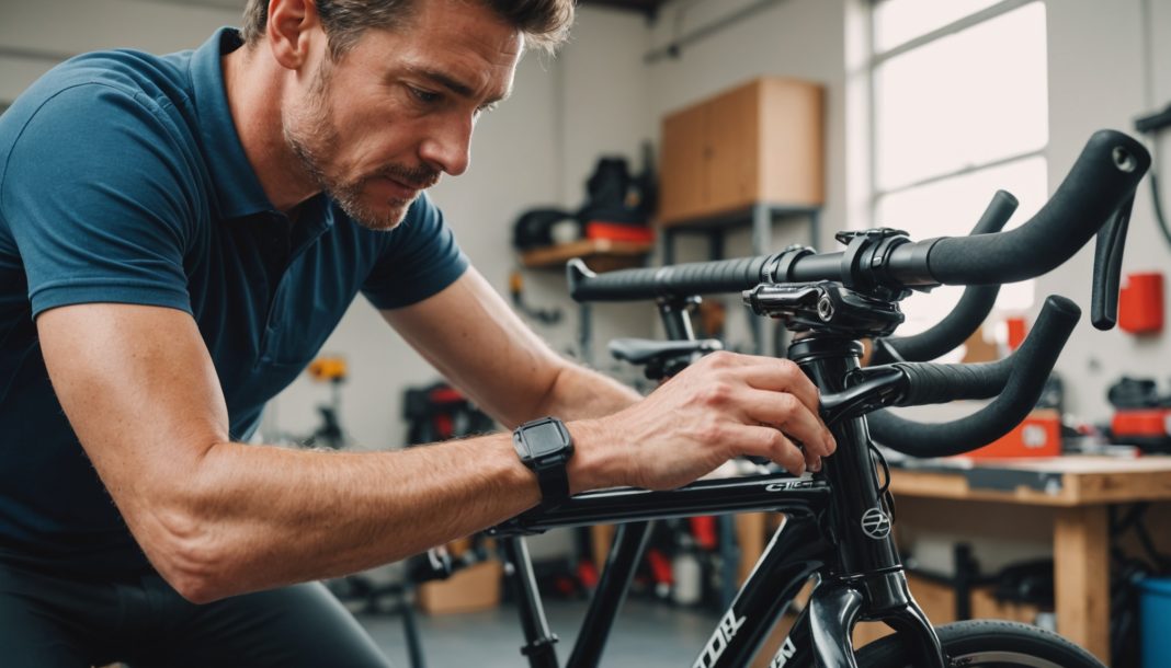 Cycliste ajustant la selle et la position sur un vélo de route dans un atelier