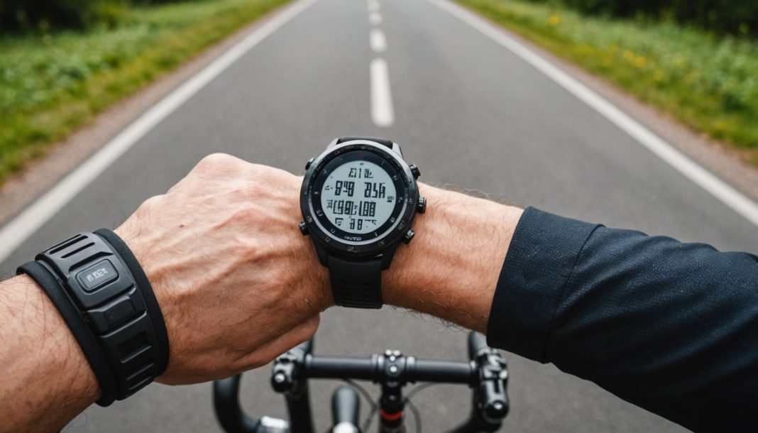Cycliste consultant un tracker de récupération connecté au poignet pendant une sortie vélo