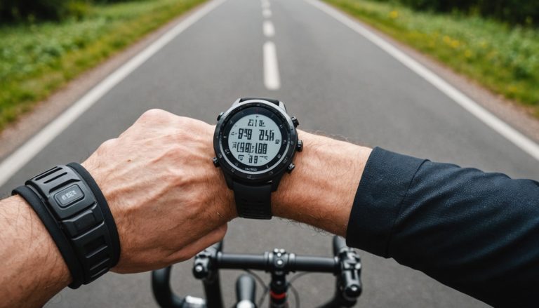 Cycliste consultant un tracker de récupération connecté au poignet pendant une sortie vélo