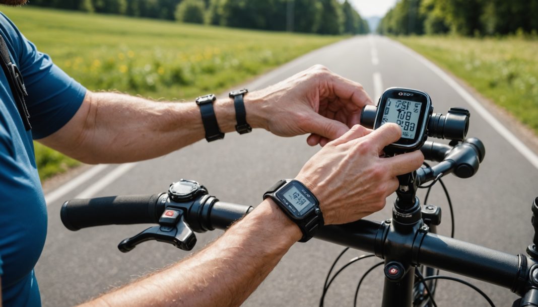 Cycliste consultant sa montre GPS au guidon d'un vélo de route