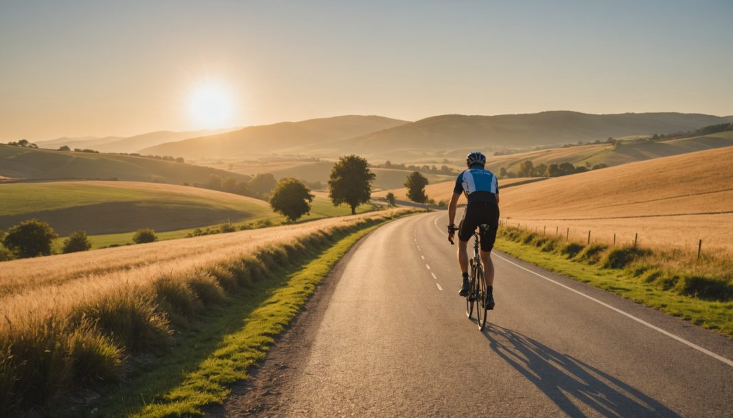 Cycliste s'entraînant en endurance sur une route de campagne au lever du soleil