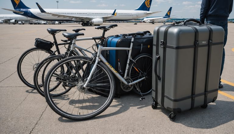Vélo dans une housse de transport posé sur le tarmac d'un aéroport
