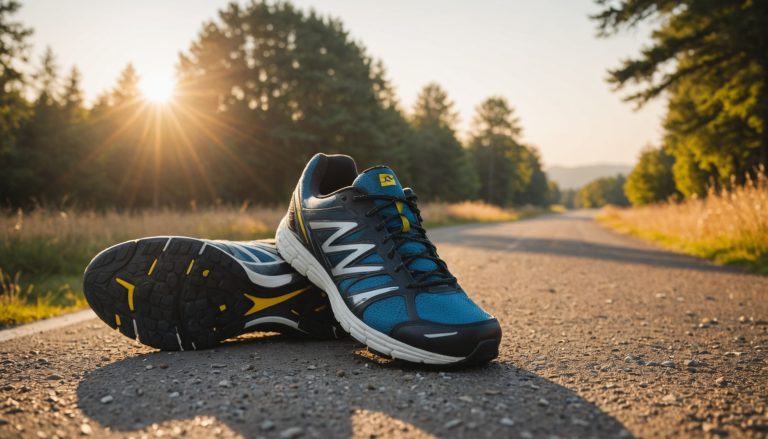 Paire de chaussures de running posée sur un chemin à côté d'un vélo de route, lumière du matin