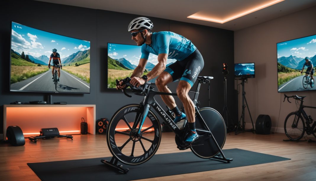 Cycliste roulant sur home-trainer face à un écran de cyclisme virtuel