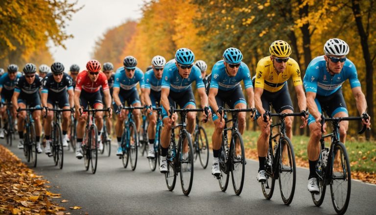 Coureurs cyclistes professionnels en peloton pendant une course sur route