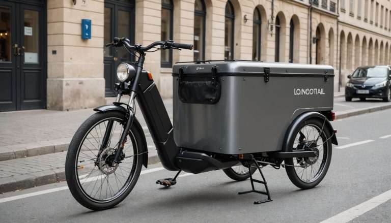 Vélo cargo électrique longtail garé dans une rue urbaine
