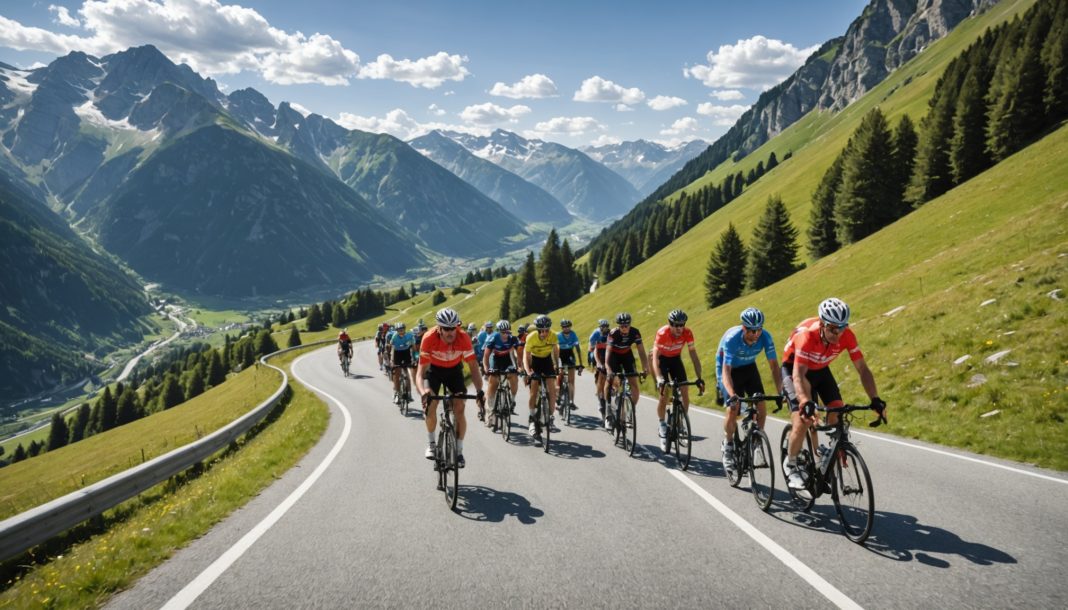 Cyclistes grimpant un col de montagne lors d'une course professionnelle