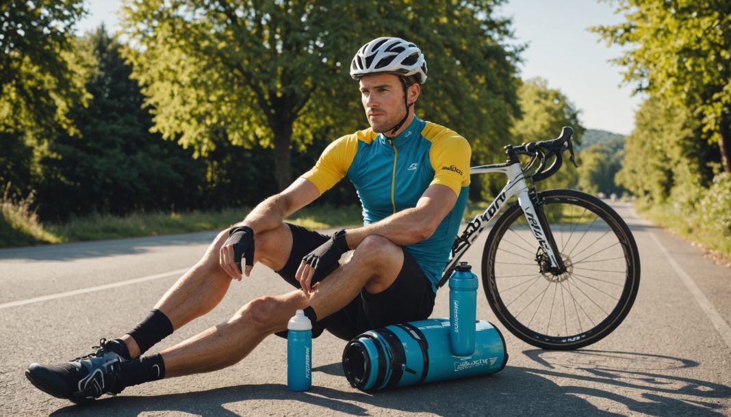 Cycliste assis en tenue de vélo buvant un shaker de whey protéine après une sortie