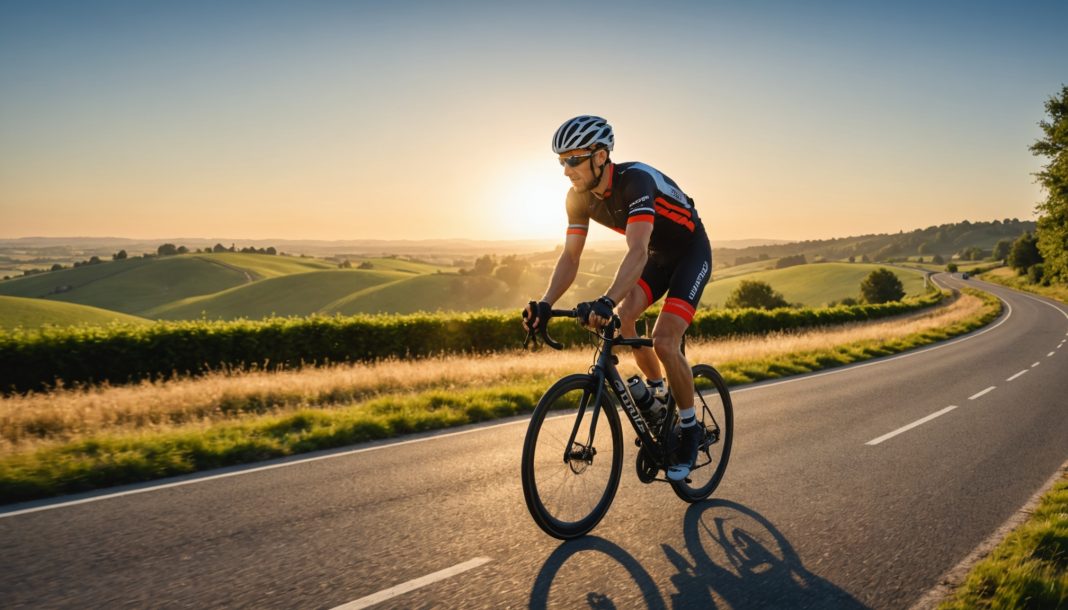 Cycliste roulant sur un vélo de route sur une route de campagne au coucher du soleil