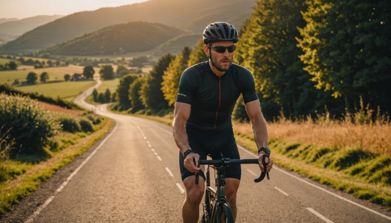 Cycliste sur route de campagne écoutant un podcast cyclisme avec des écouteurs sans fil