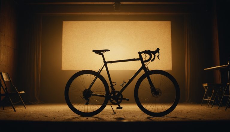 Vélo de course en silhouette devant un écran de cinéma illuminé, ambiance film sur le cyclisme