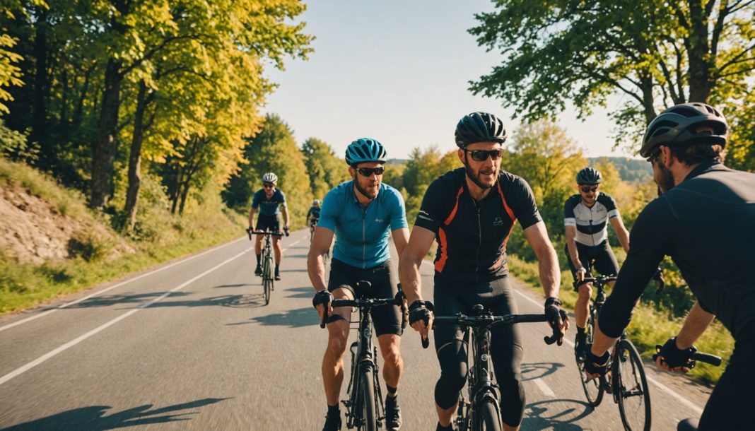 Groupe de cyclistes roulant ensemble, smartphone avec application de navigation sur le guidon