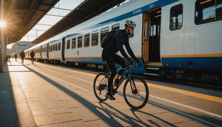 Cycliste faisant monter son vélo à bord d'un train régional sur un quai de gare française